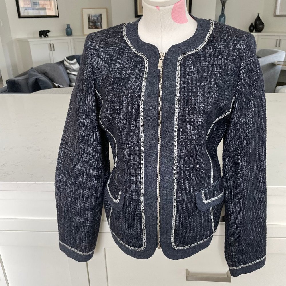 Jones New York Signature Front Zip Cotton Blend Tweed + Denim Jacket Blue Sz 6